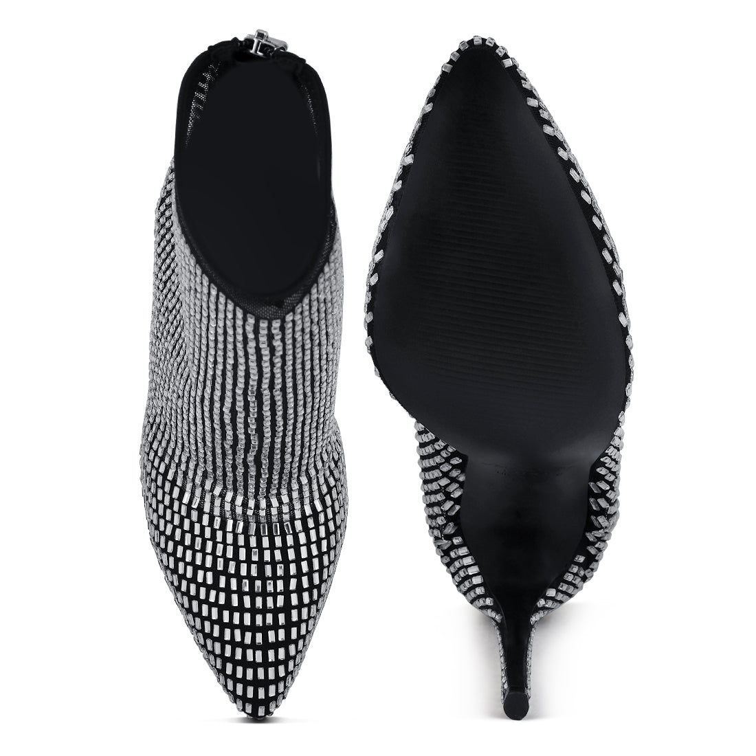 rhinestones embellished mesh boots#color_black