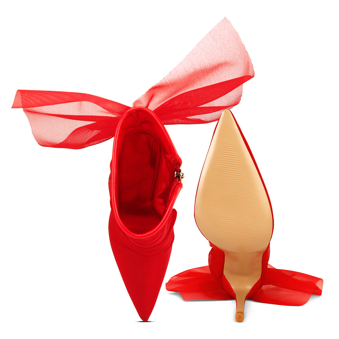 organza wrapped style heeled ankle boots#color_red