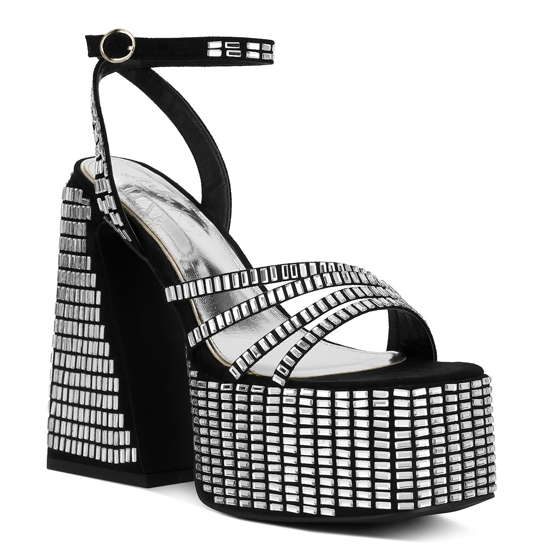 mirror embellished flare block heel sandals#color_black