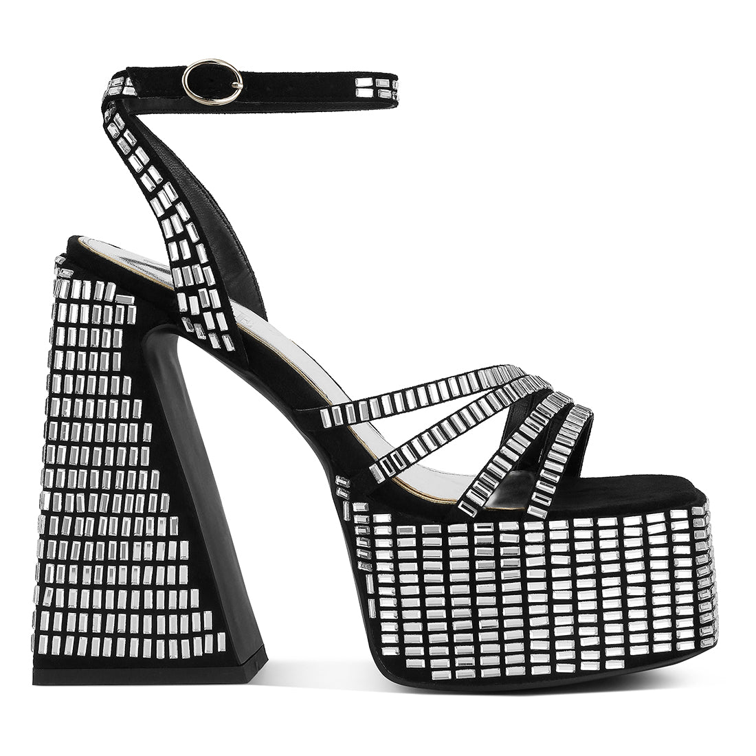 mirror embellished flare block heel sandals#color_black