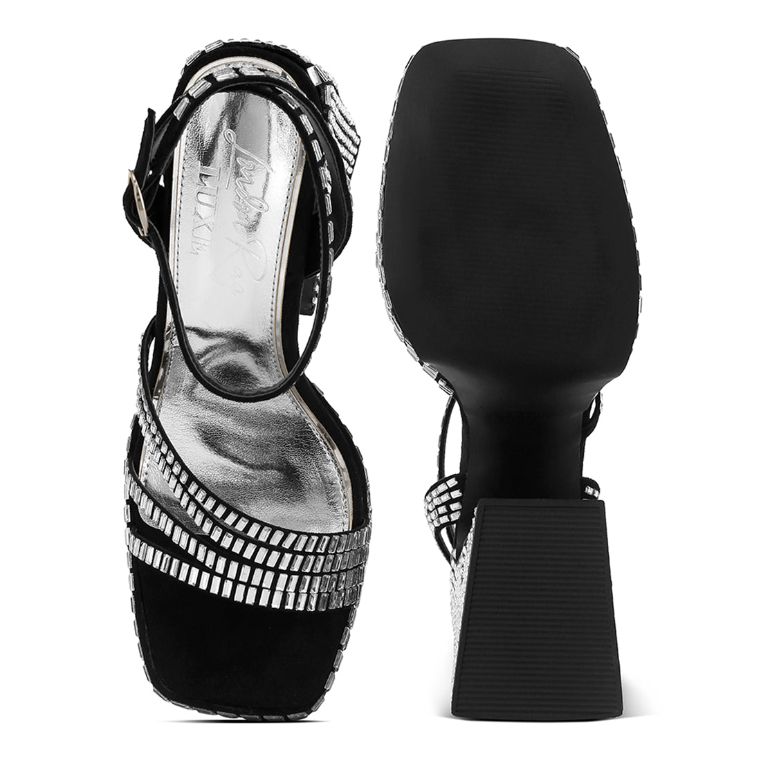 mirror embellished flare block heel sandals#color_black