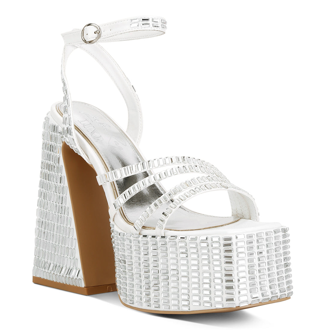 mirror embellished flare block heel sandals#color_white