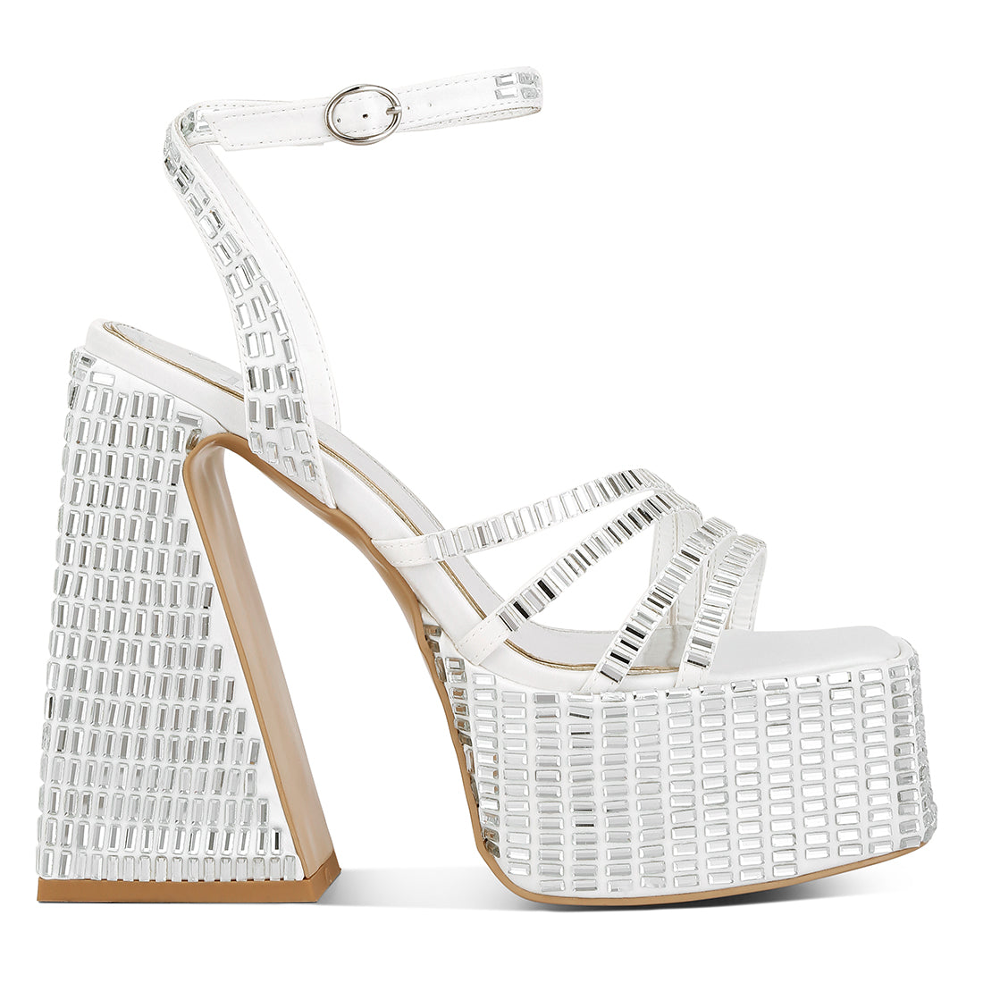 mirror embellished flare block heel sandals#color_white