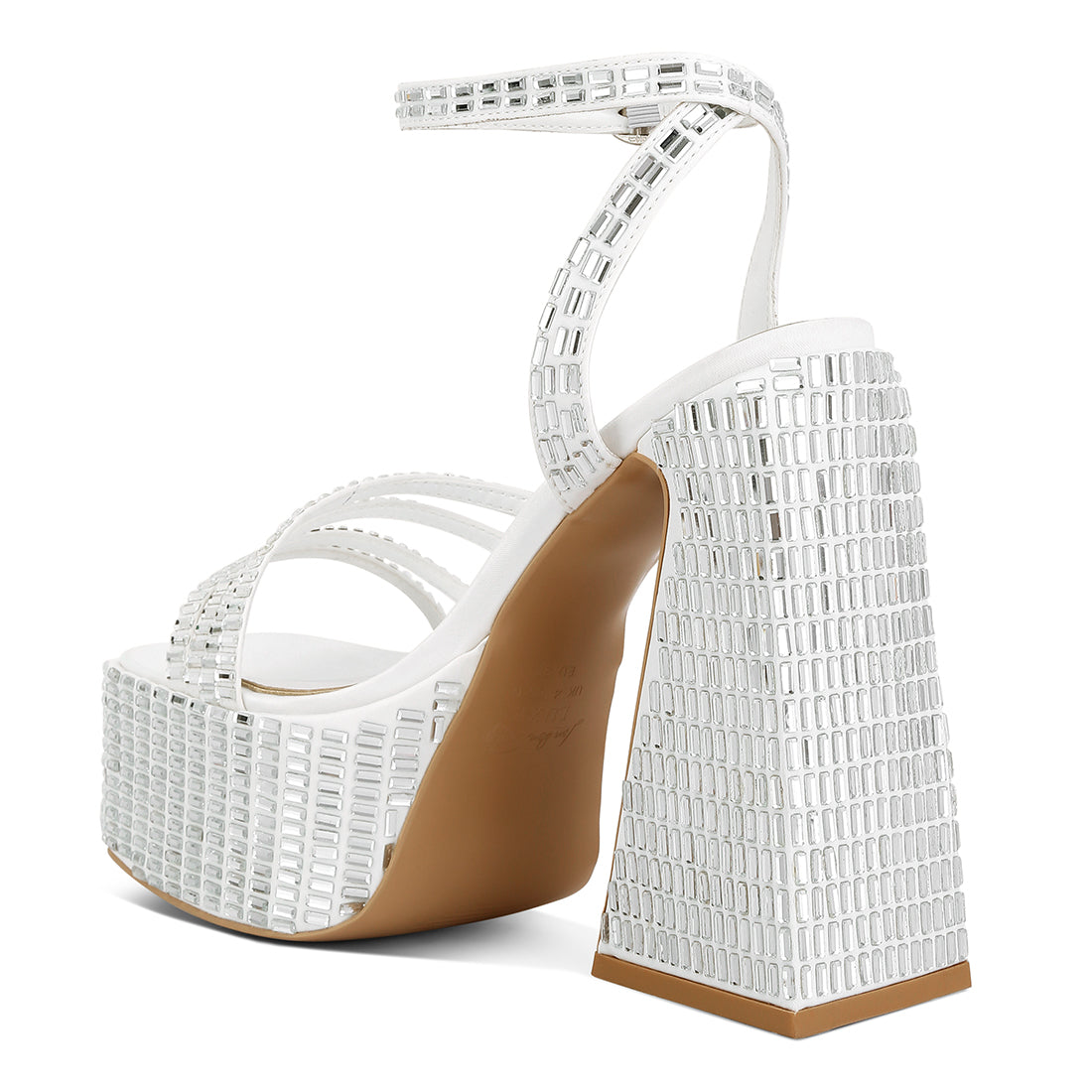 mirror embellished flare block heel sandals#color_white