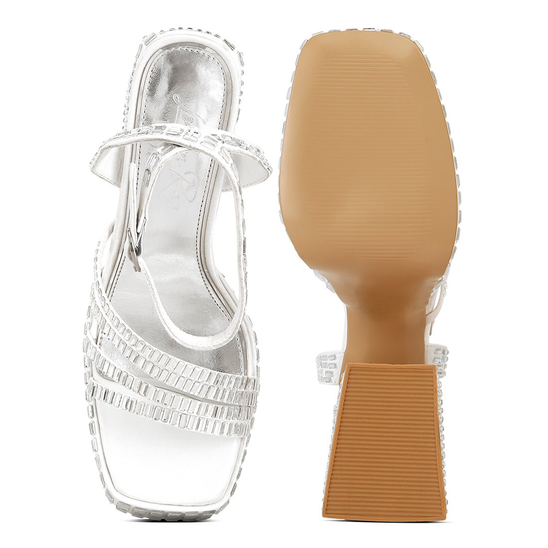 mirror embellished flare block heel sandals#color_white