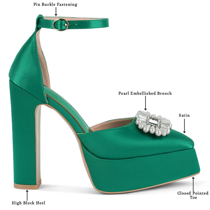 pearls brooch detail platform block heel sandals#color_green