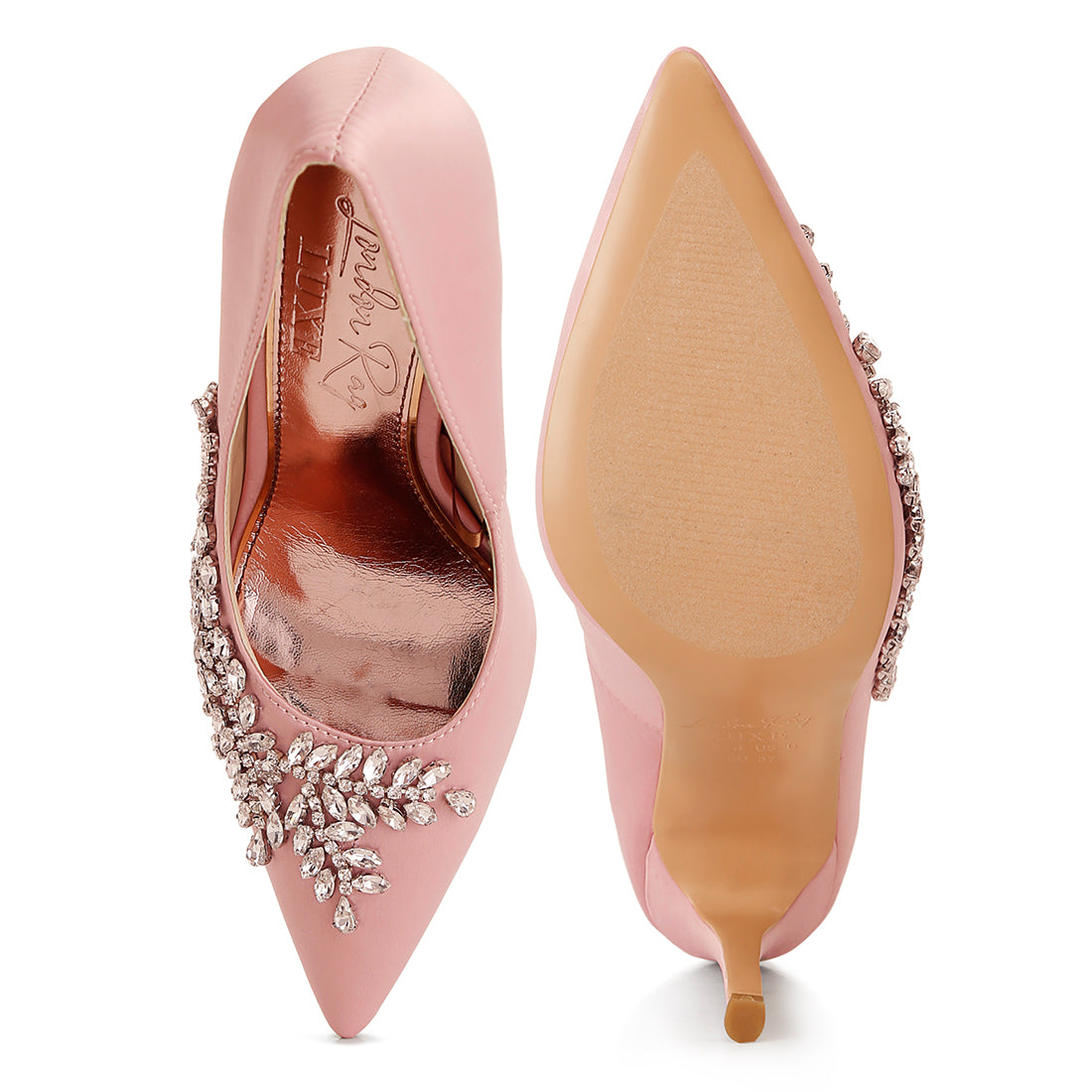 rhinestones embellished satin stiletto pumps#color_blush