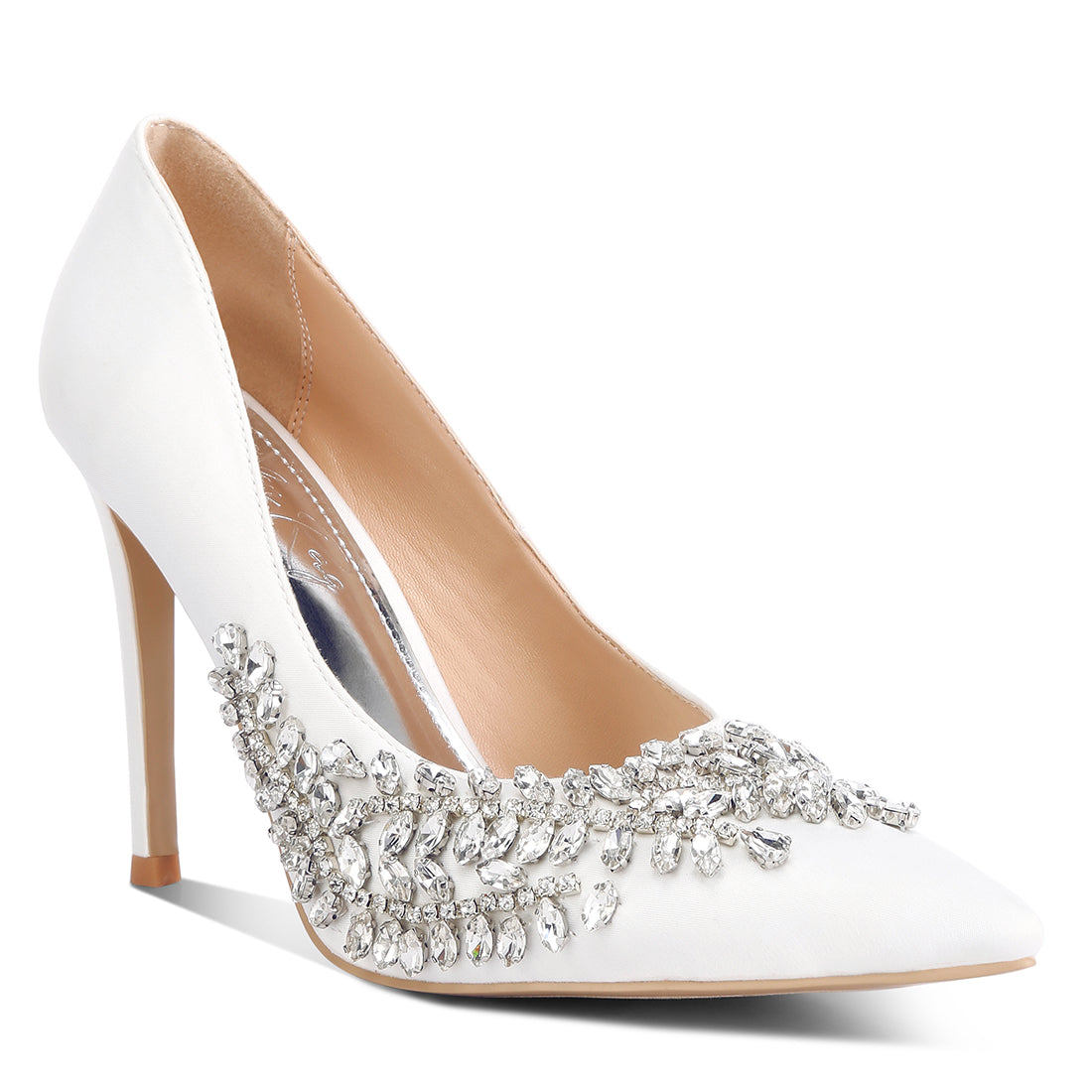 rhinestones embellished satin stiletto pumps#color_white