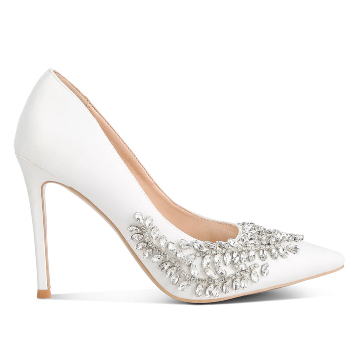 rhinestones embellished satin stiletto pumps#color_white