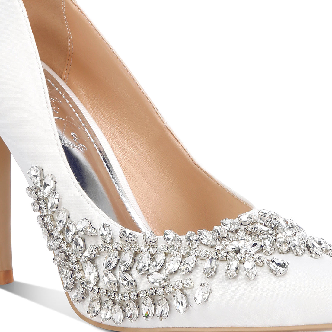 rhinestones embellished satin stiletto pumps#color_white