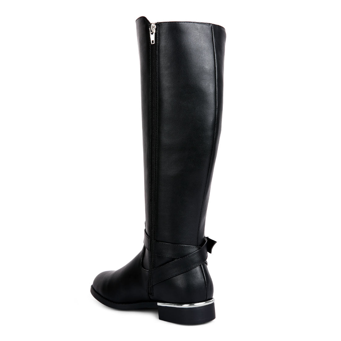 buckle strap embellished calf boots#color_black