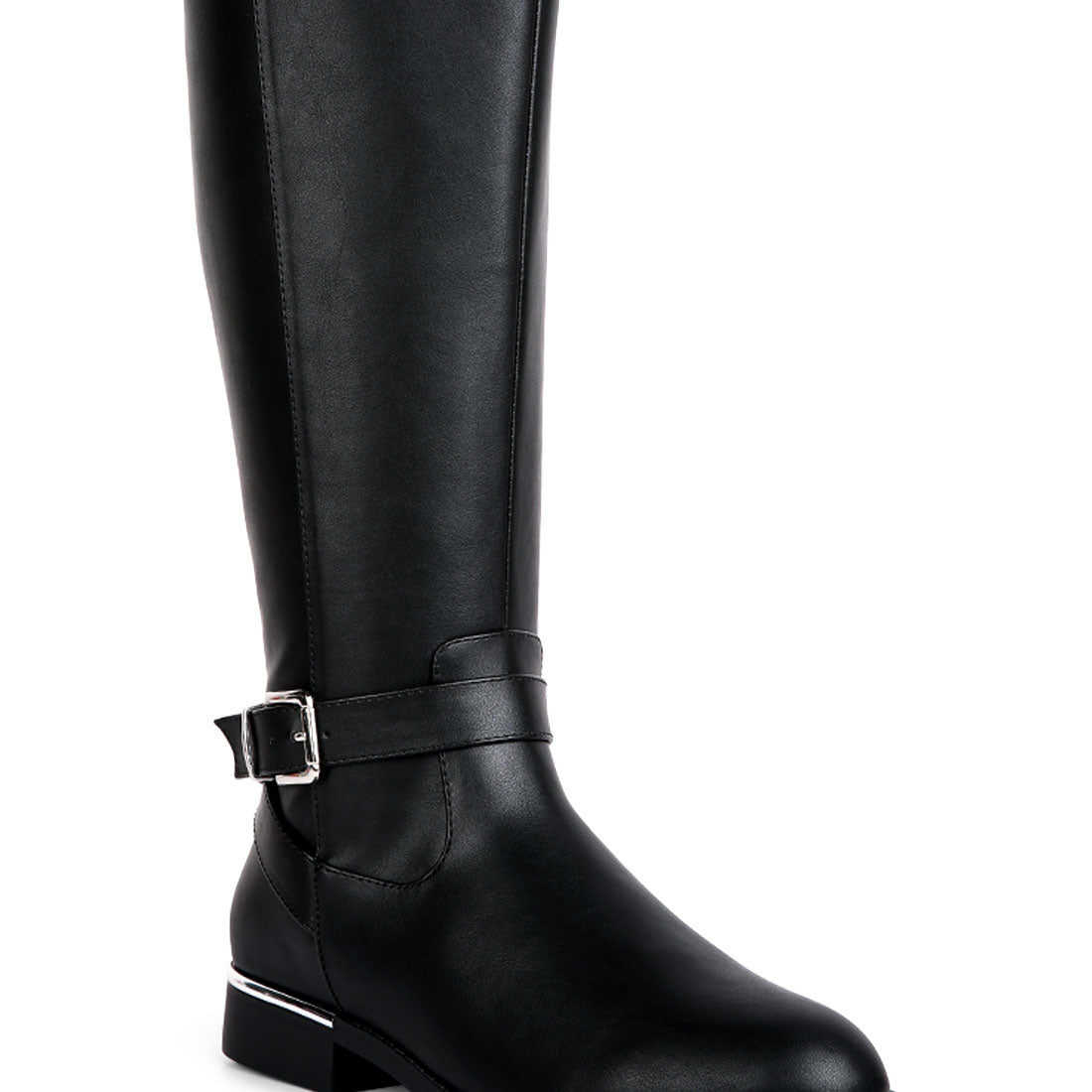 buckle strap embellished calf boots#color_black