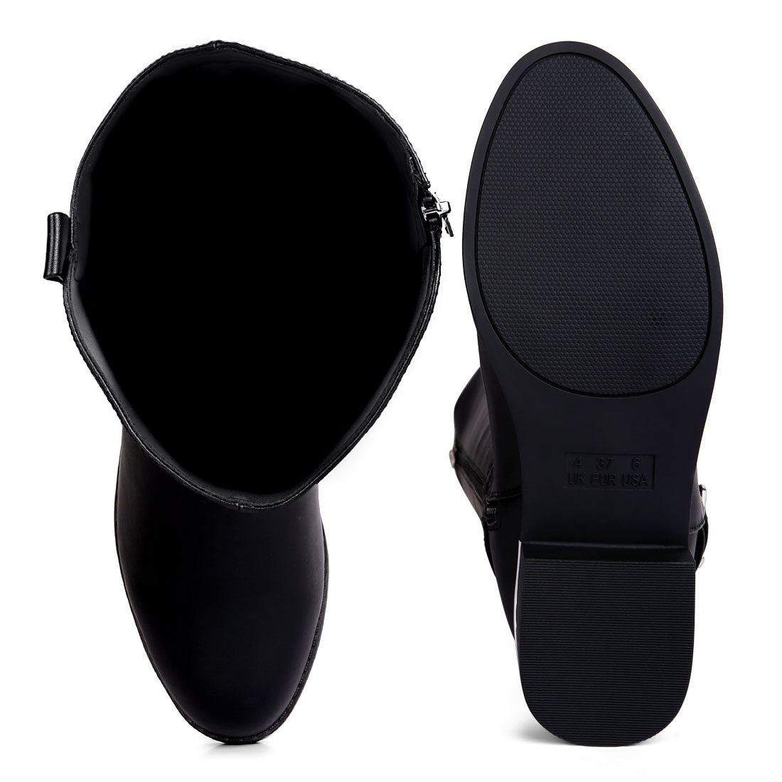 buckle strap embellished calf boots#color_black