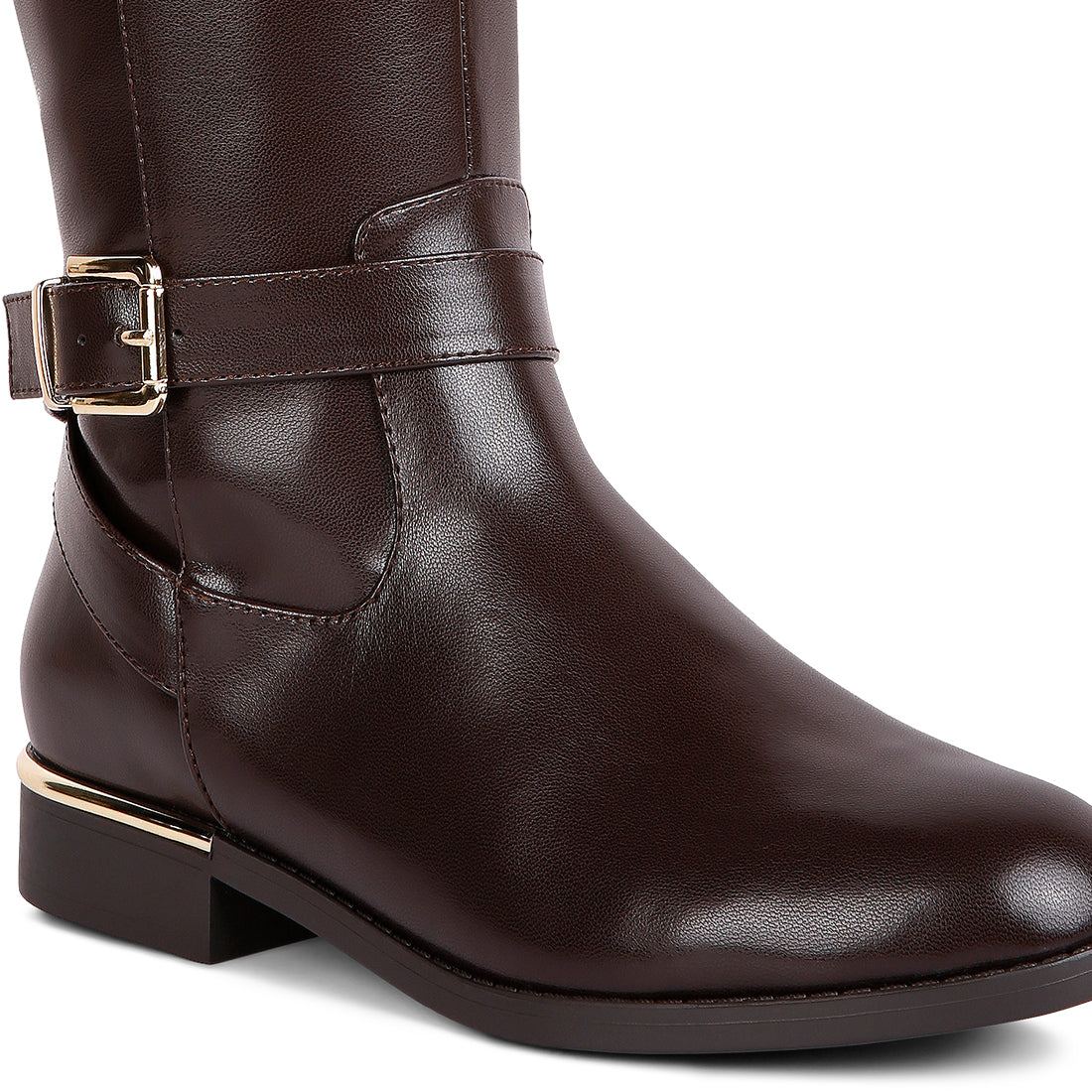 buckle strap embellished calf boots#color_tan