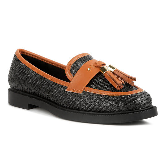 tassle detail raffia loafers#color_black