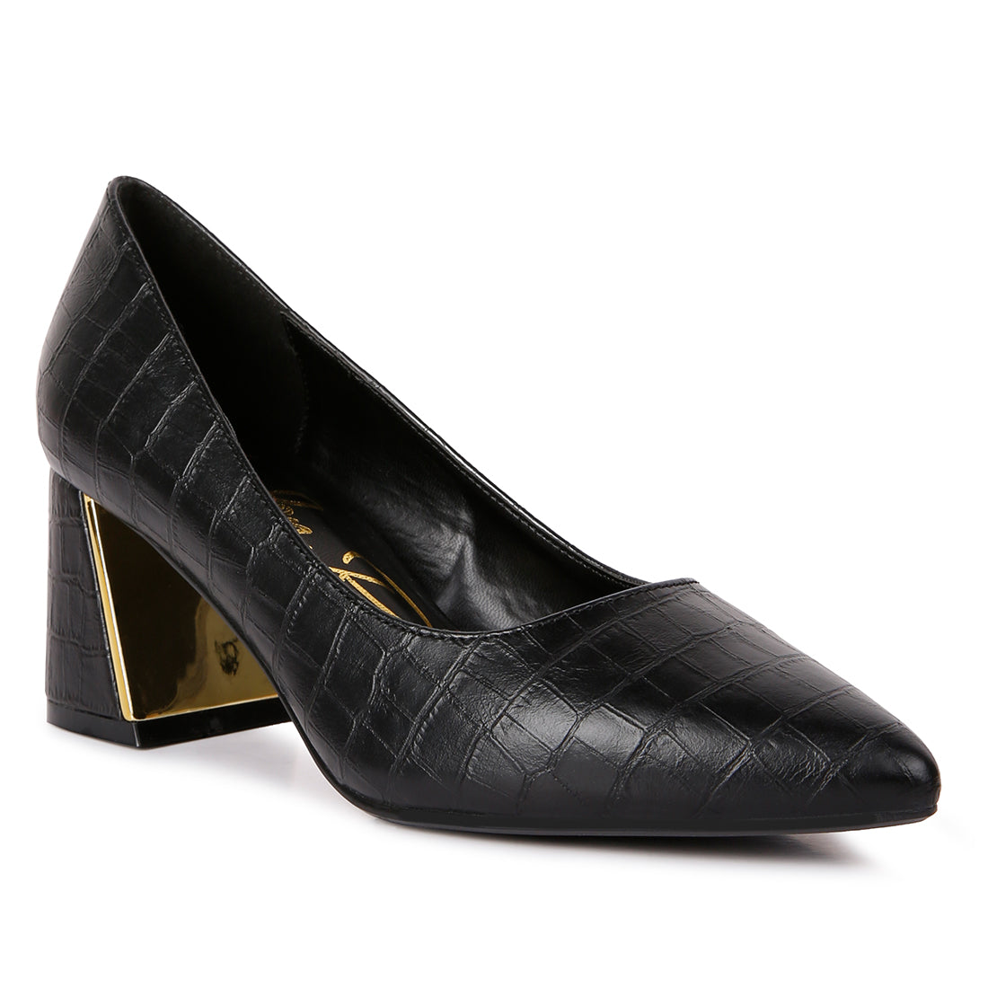 croc block heel pump shoes#color_black