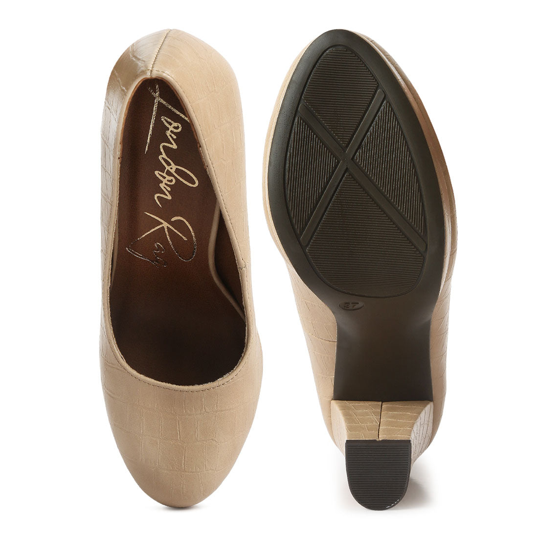 croc textured high block heel pumps#color_beige