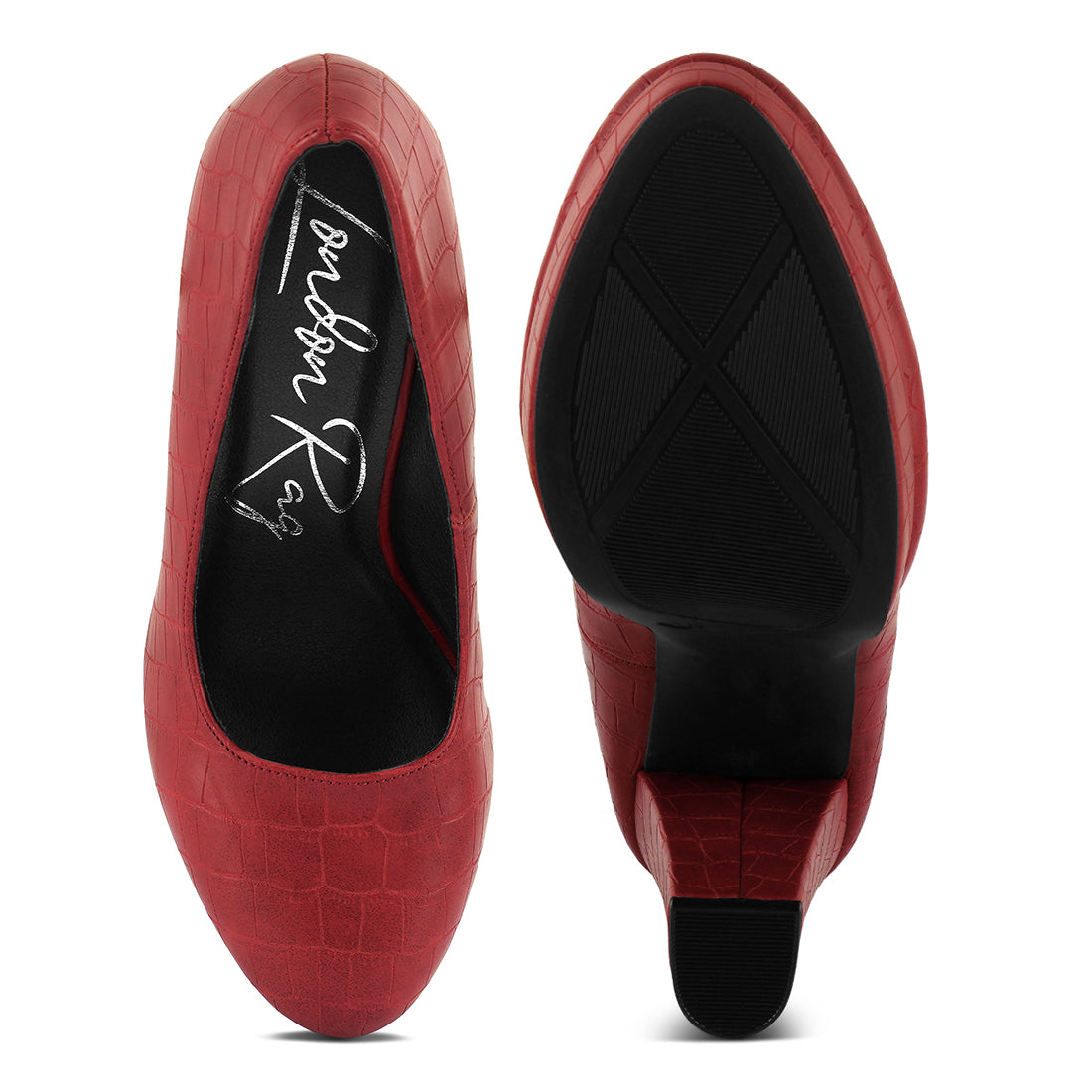 croc textured high block heel pumps#color_red