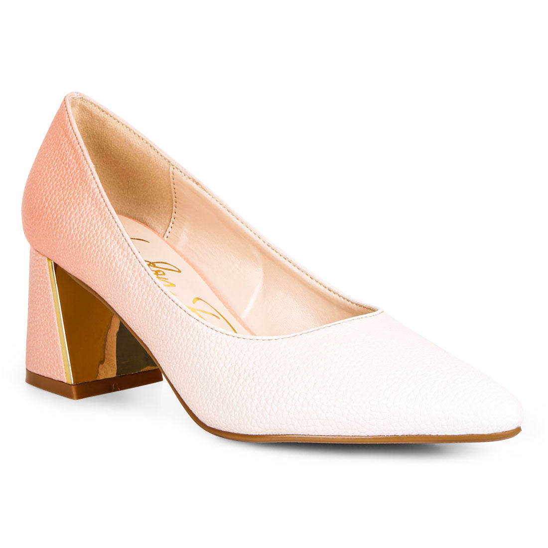 metallic accent block heel pumps#color_beige