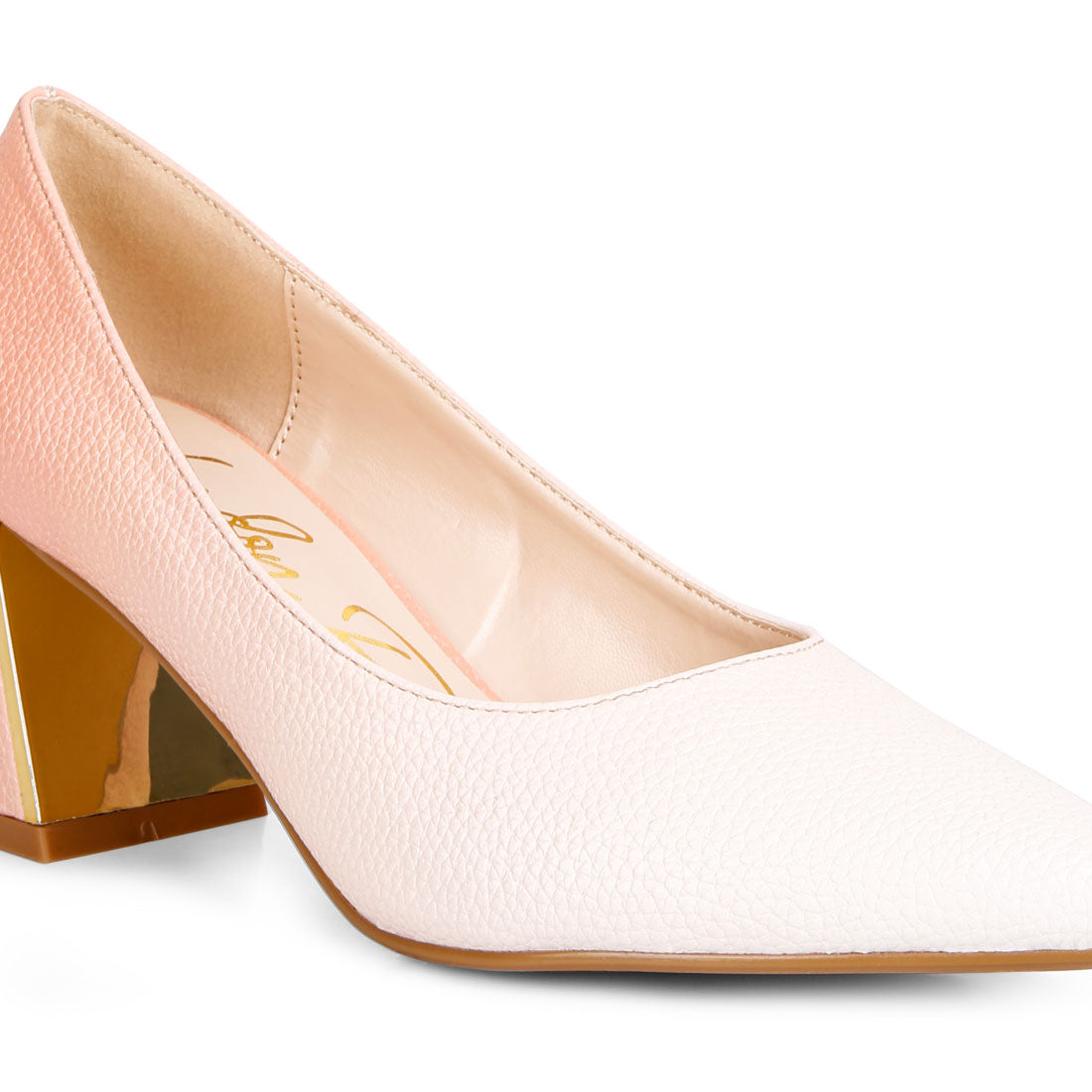 metallic accent block heel pumps#color_beige
