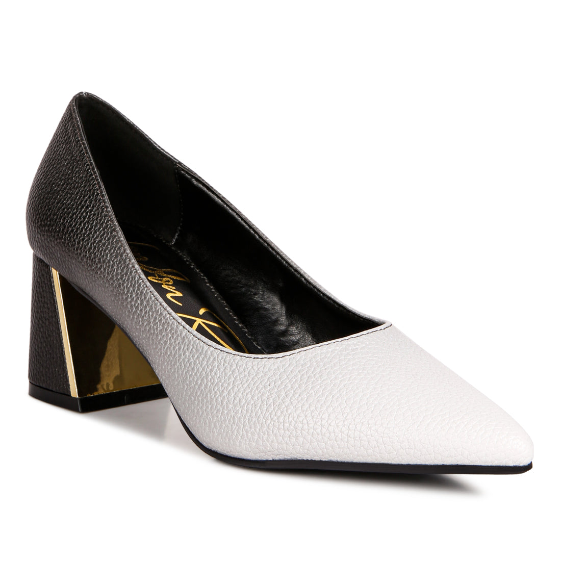 metallic accent block heel pumps#color_black