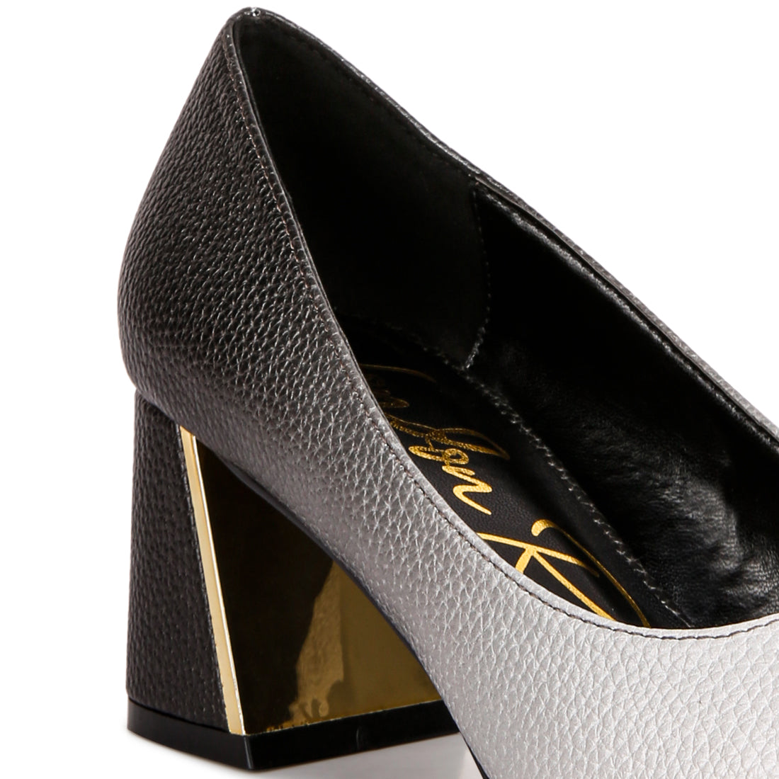 metallic accent block heel pumps#color_black