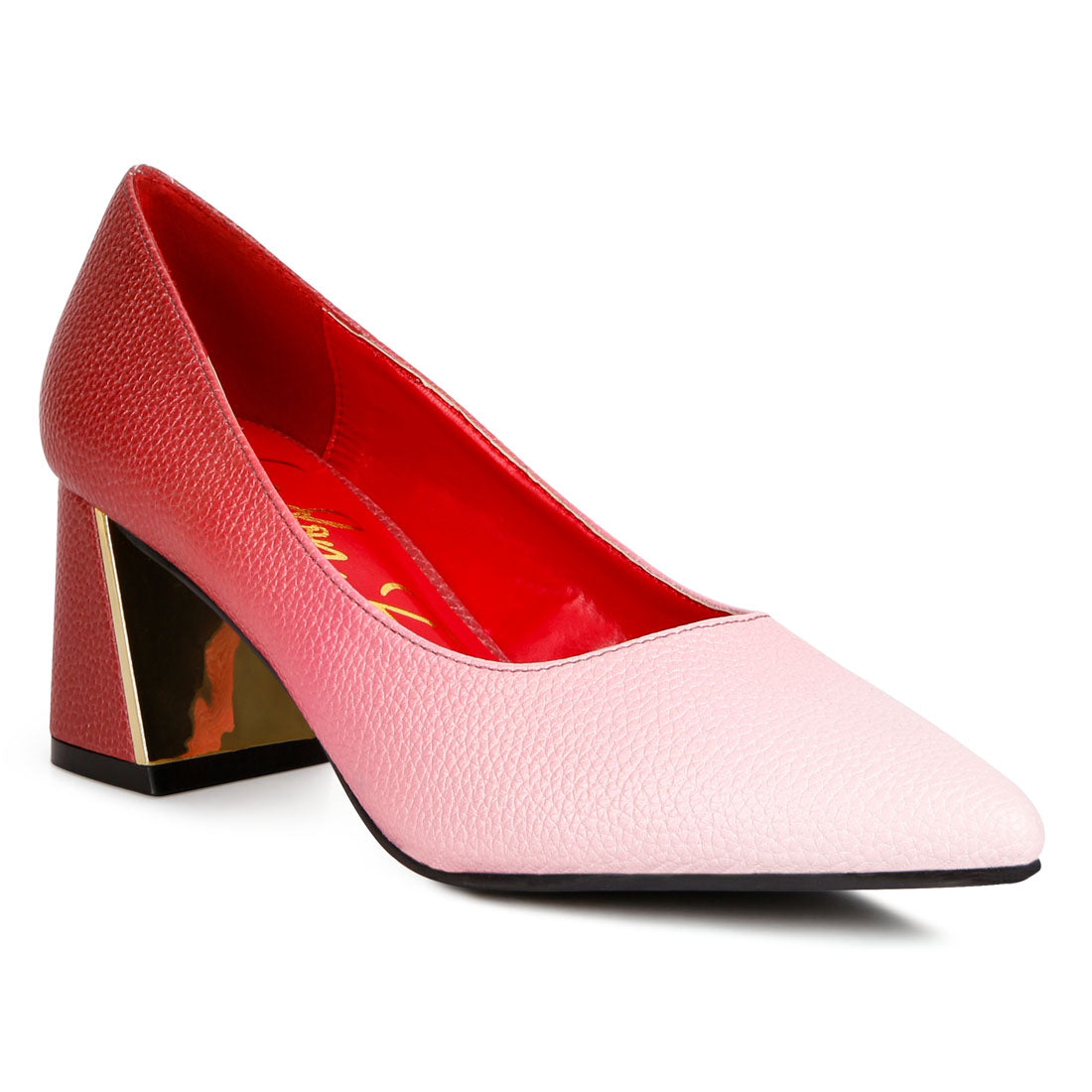 metallic accent block heel pumps#color_red