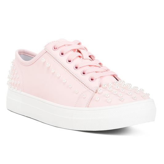 pearl embellished slip on sneakers#color_pink