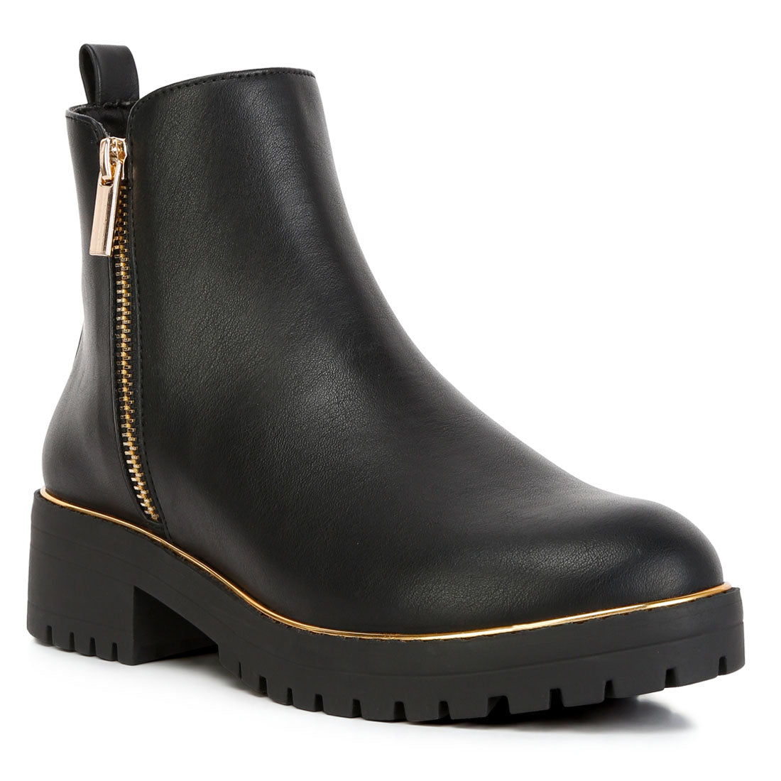 metallic frame block heel boots#color_black