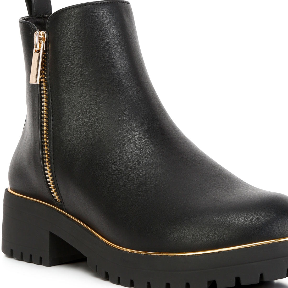 metallic frame block heel boots#color_black