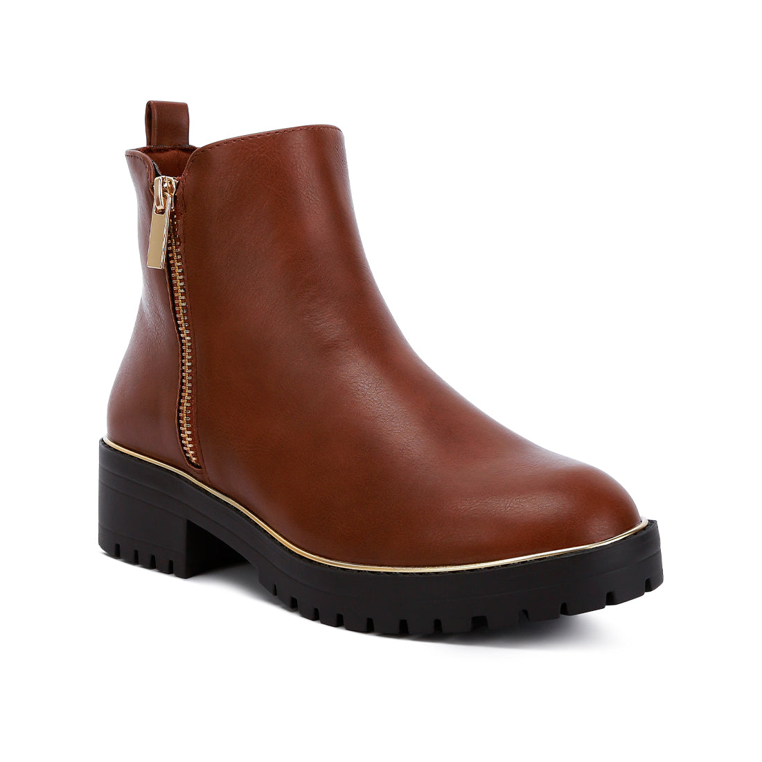 metallic frame block heel boots#color_tan