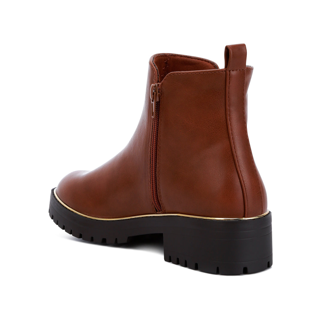 metallic frame block heel boots#color_tan