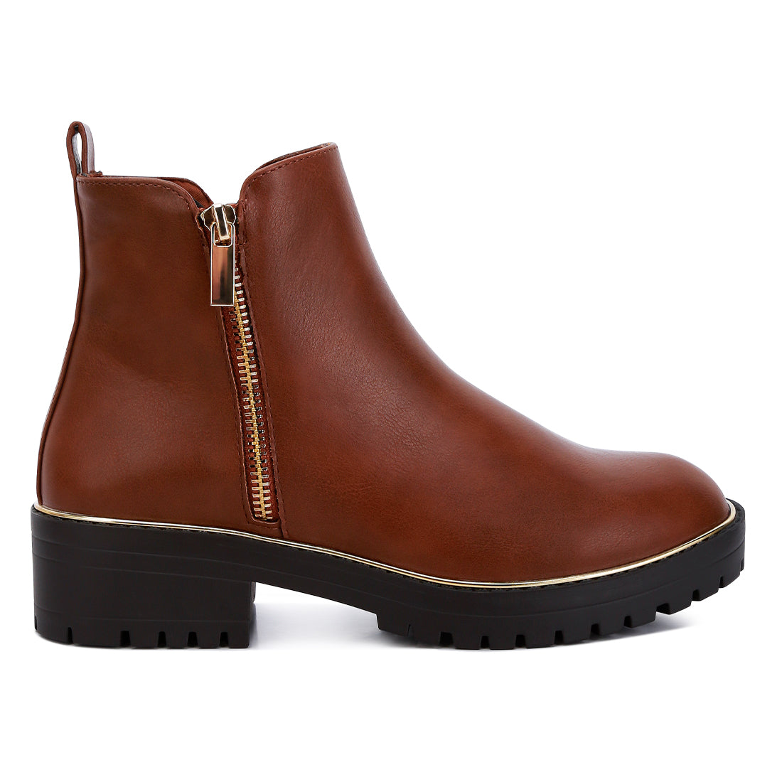 metallic frame block heel boots#color_tan