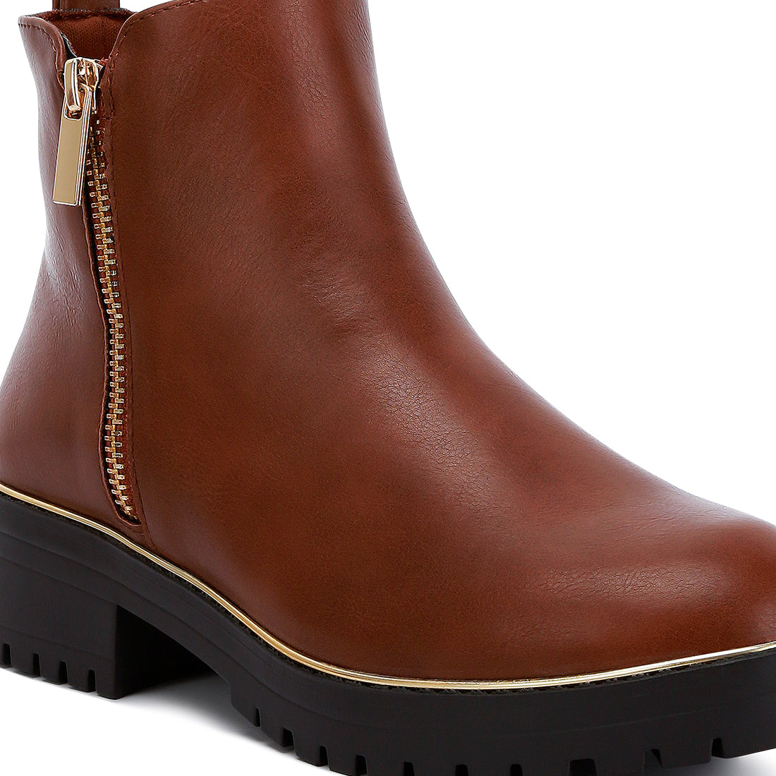 metallic frame block heel boots#color_tan