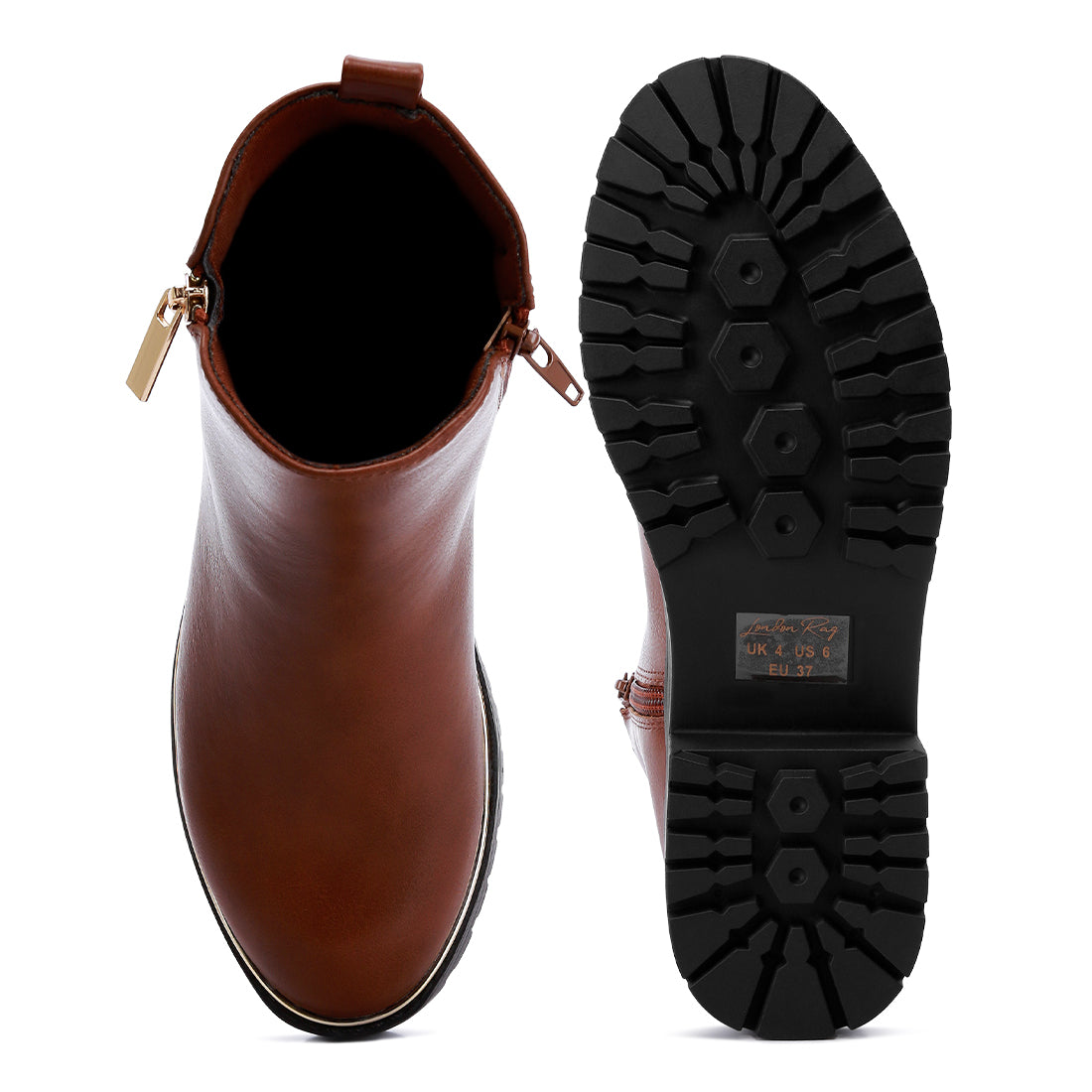 metallic frame block heel boots#color_tan