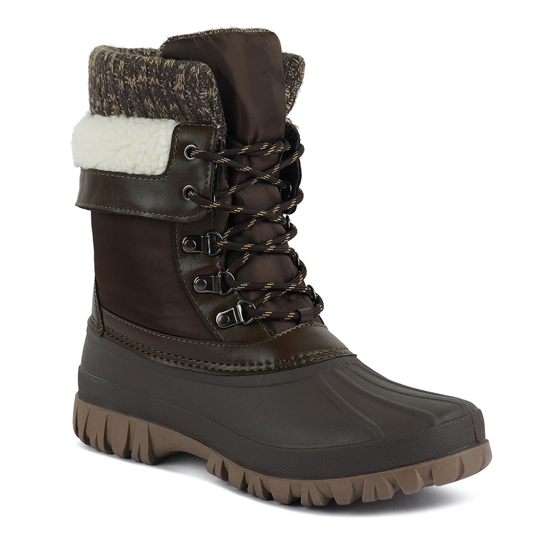 delphine knitted collar lace up boots#color_brown