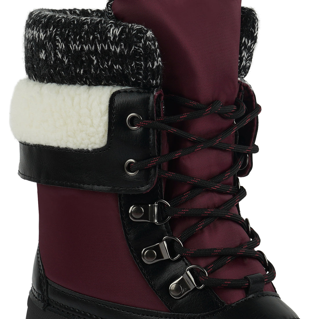 delphine knitted collar lace up boots#color_burgundy