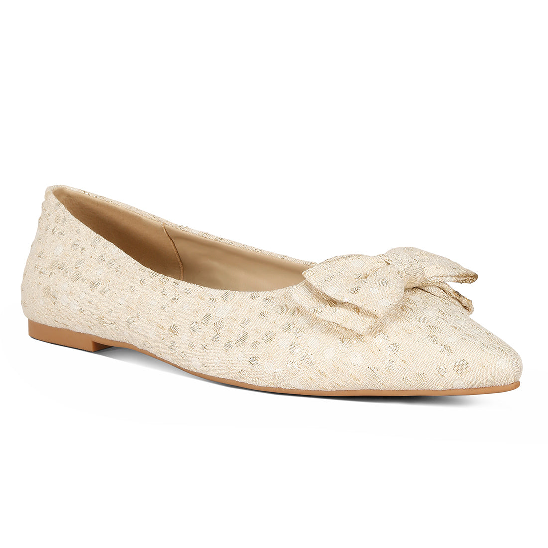 jacquard bow embellished ballet flats#color_beige