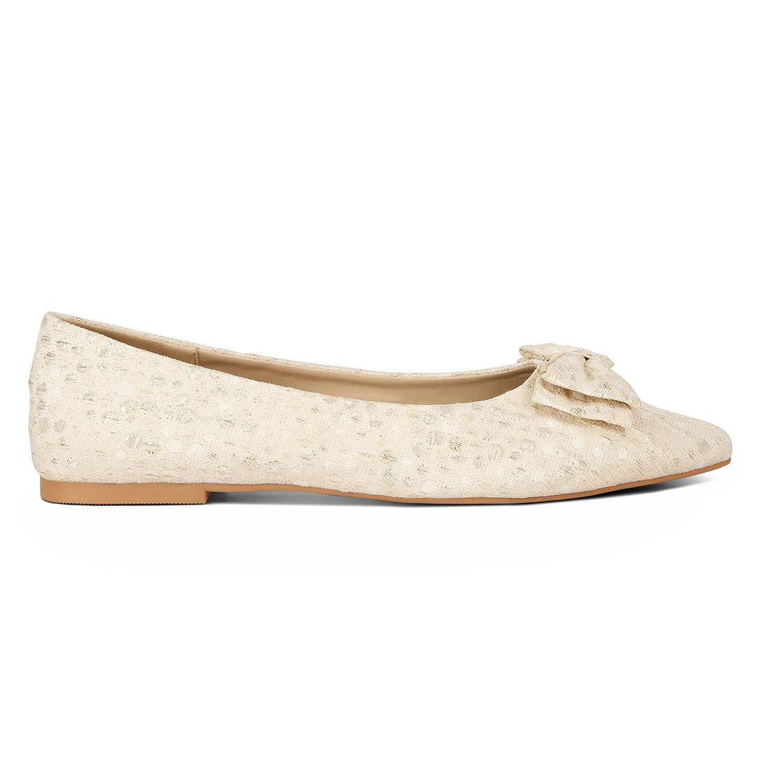 jacquard bow embellished ballet flats#color_beige