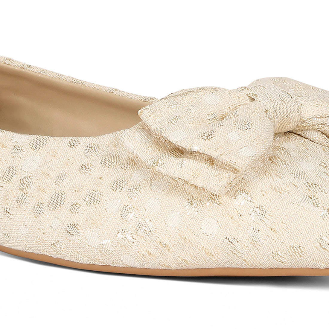 jacquard bow embellished ballet flats#color_beige