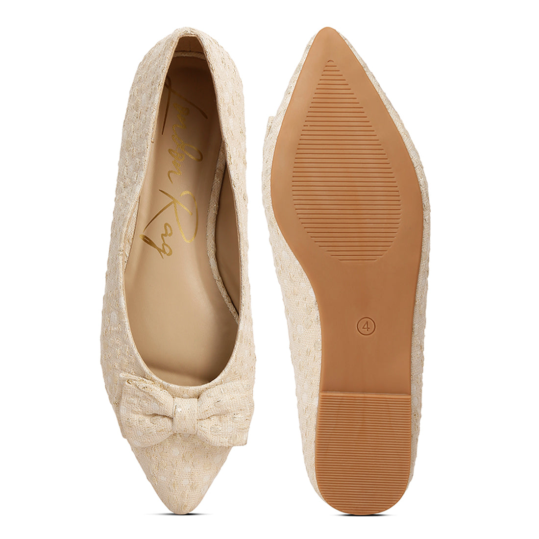 jacquard bow embellished ballet flats#color_beige