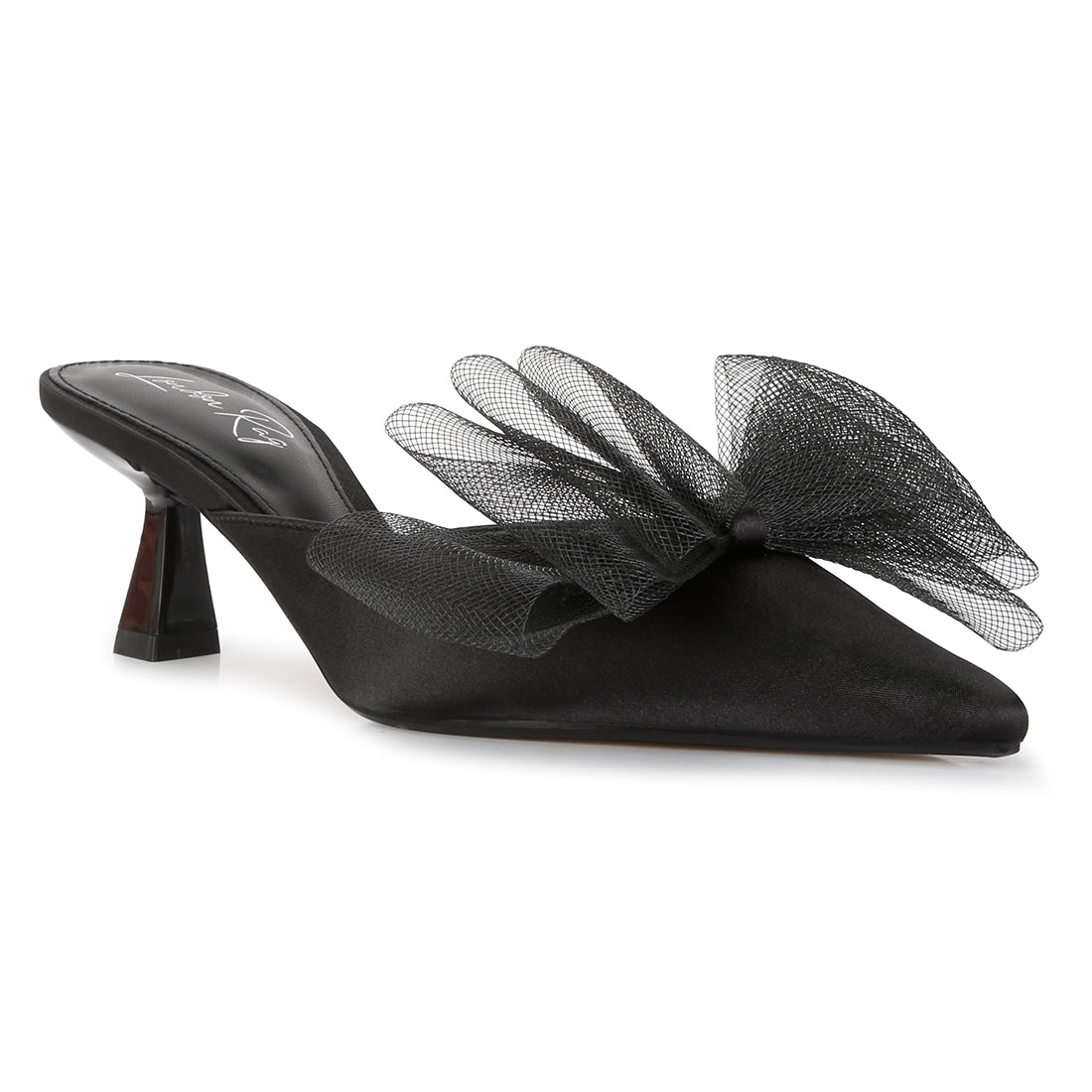 organza bow embellished mules#color_black