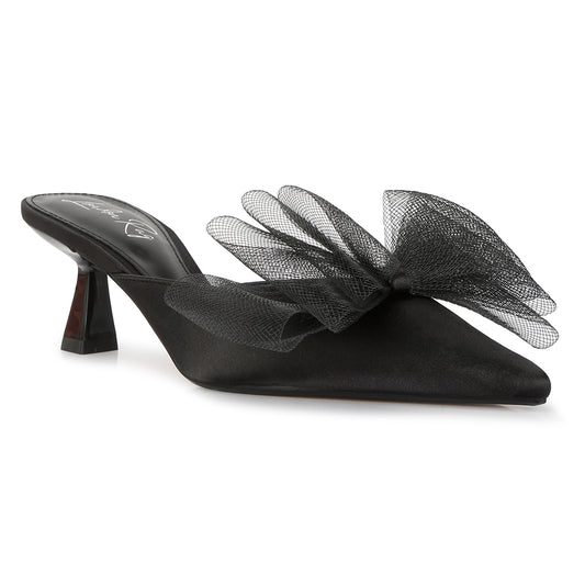 organza bow embellished mules#color_black