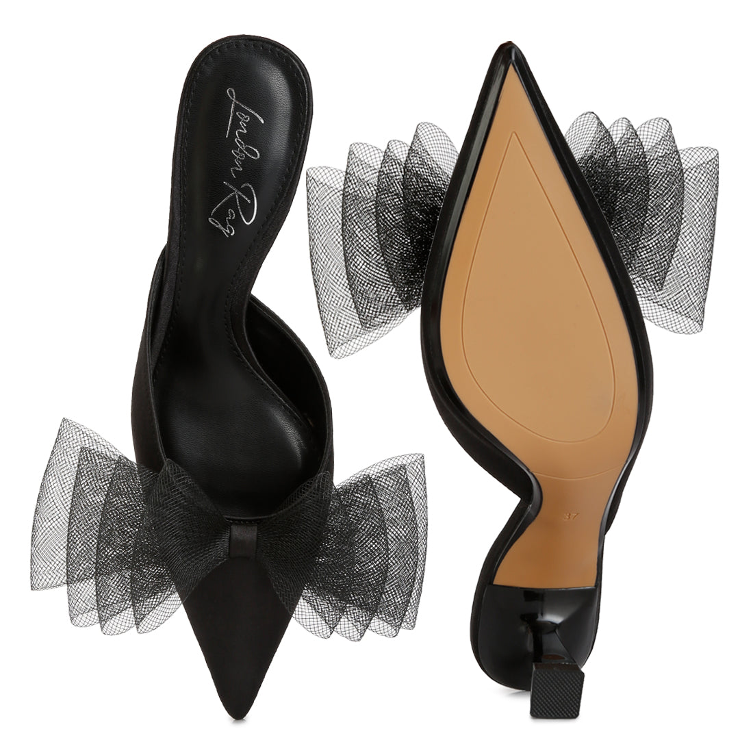 organza bow embellished mules#color_black