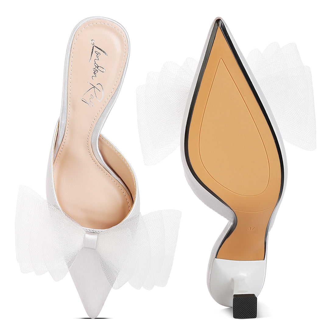 organza bow embellished mules#color_white