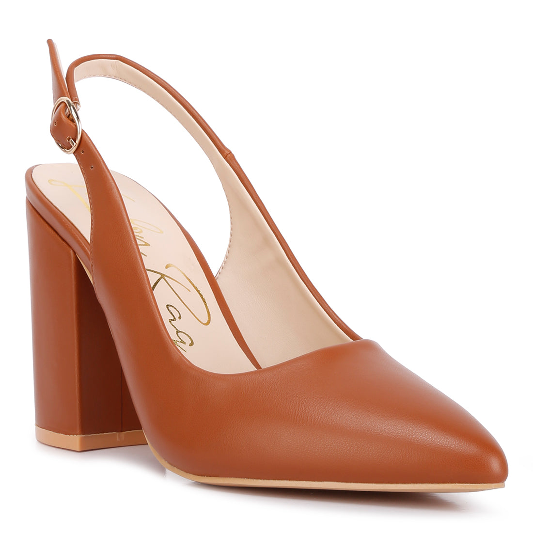 Creidne block heel pointed toe sandals#color_tan