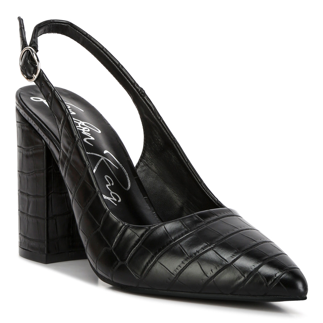macha croc texture sling back heels#color_black