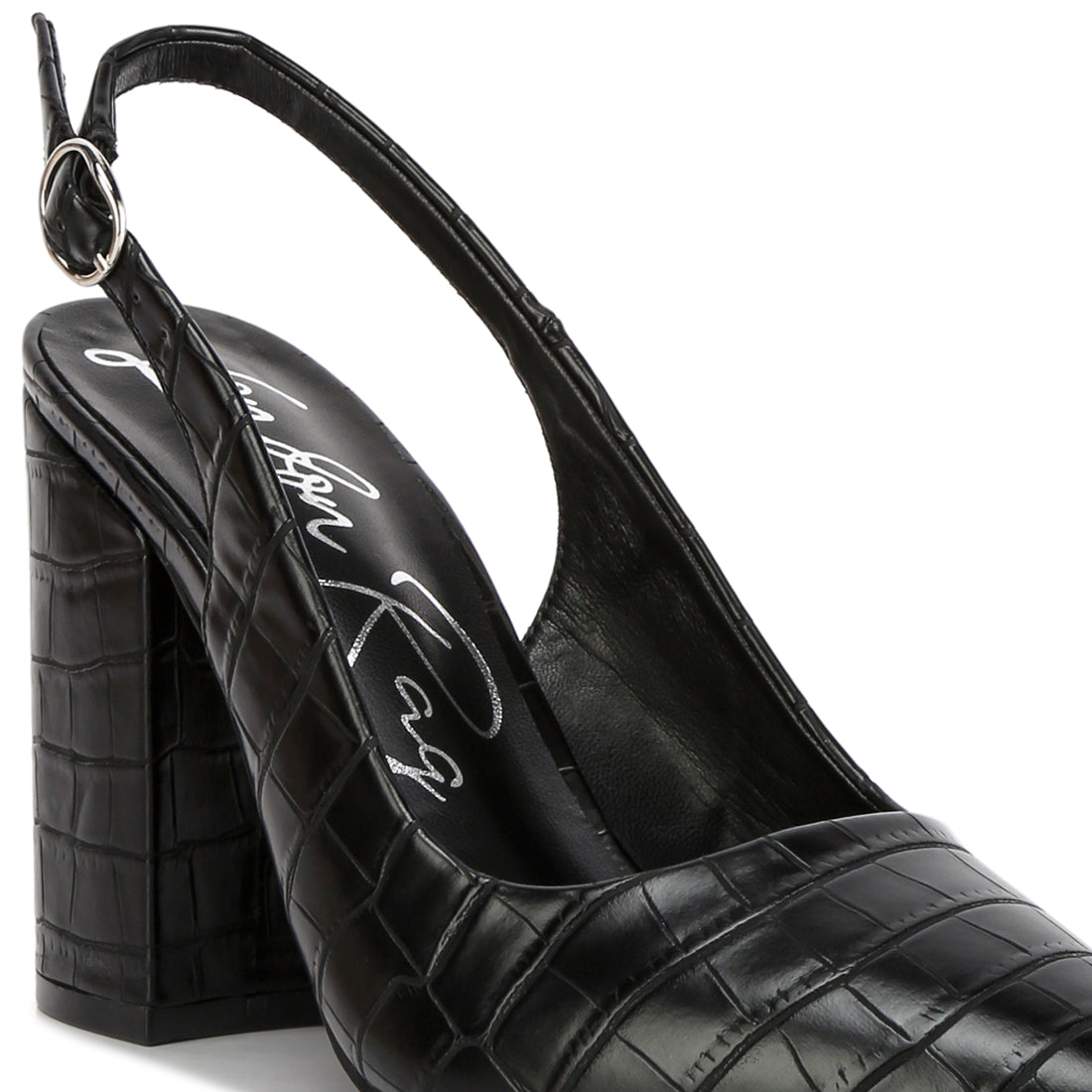 macha croc texture sling back heels#color_black