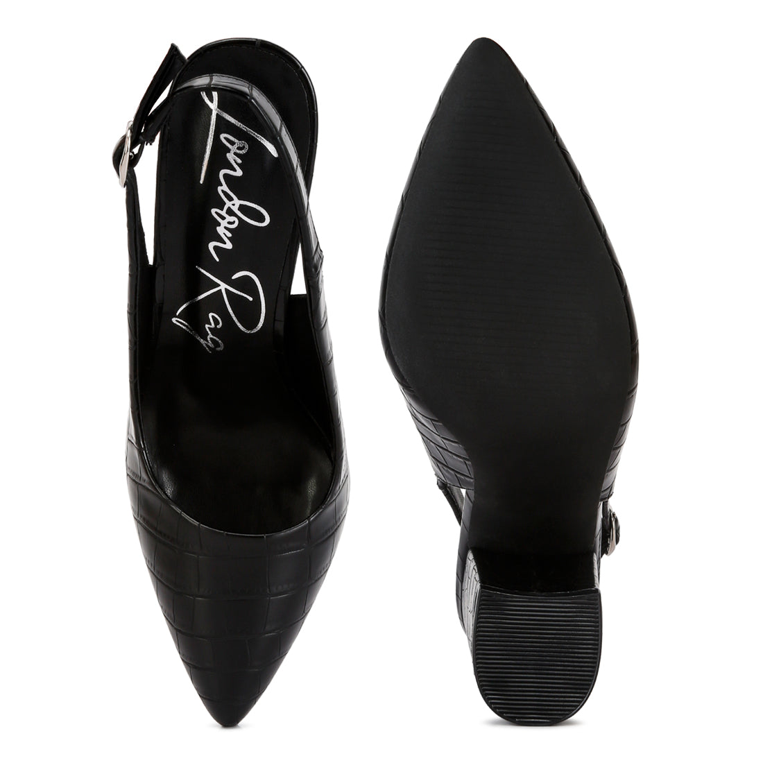 macha croc texture sling back heels#color_black