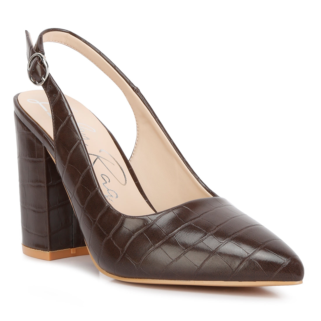 macha croc texture sling back heels#color_brown